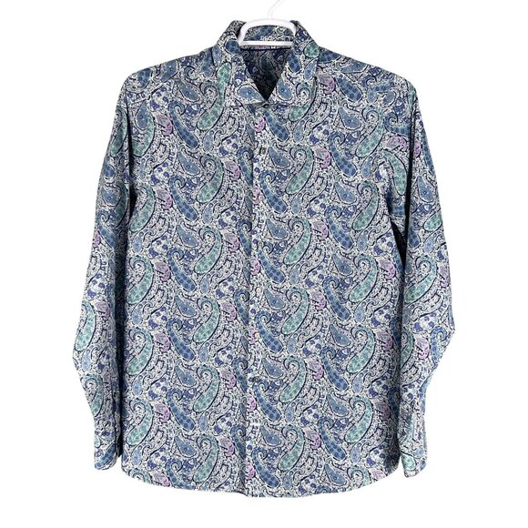70s Psychedelic Blue Purple Paisley Long Sleeve Mens Button Up Shirt Italy Woven - Picture 7 of 15